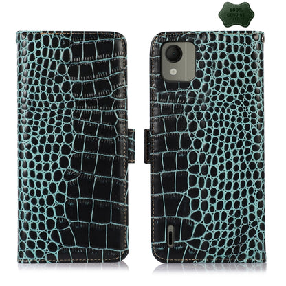 Green crocodile-texture leather phone case with flip cover and camera/port cutouts