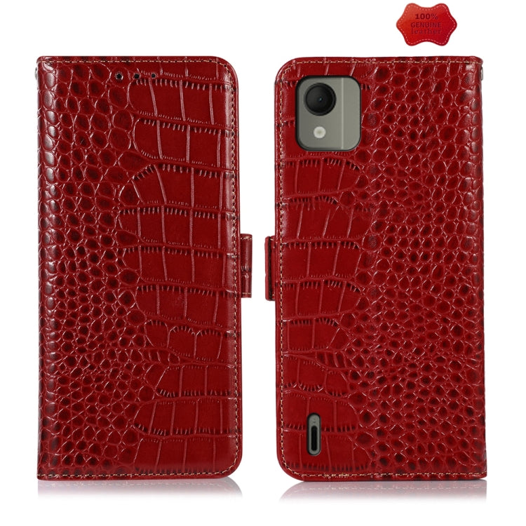 Red crocodile-texture leather phone case with flip cover and camera/port cutouts