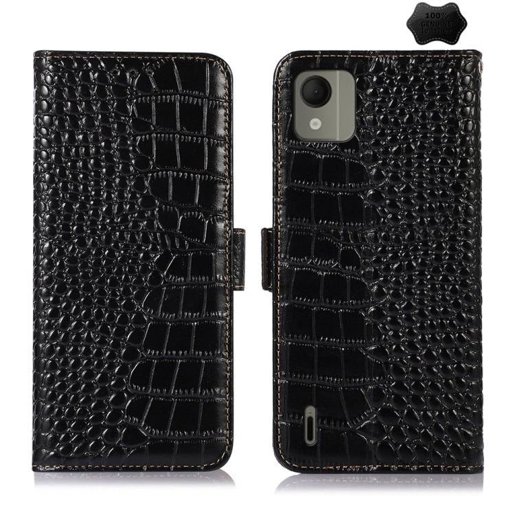 Black crocodile-texture leather phone case with flip cover and camera/port cutouts
