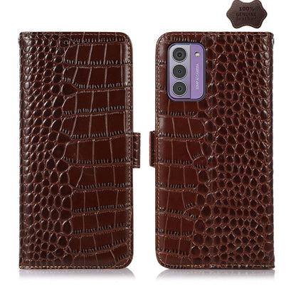 Brown crocodile-texture leather phone case with flip cover and cutout for camera