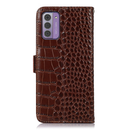 Brown crocodile-texture leather phone case with camera cutout and stitched edges