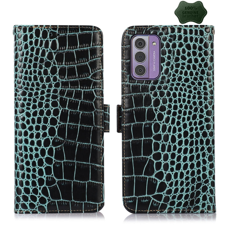 Teal crocodile-texture leather phone case with flip cover and camera cutout