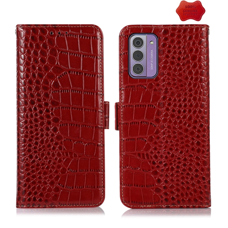 Red crocodile-texture leather flip phone case with camera cutout