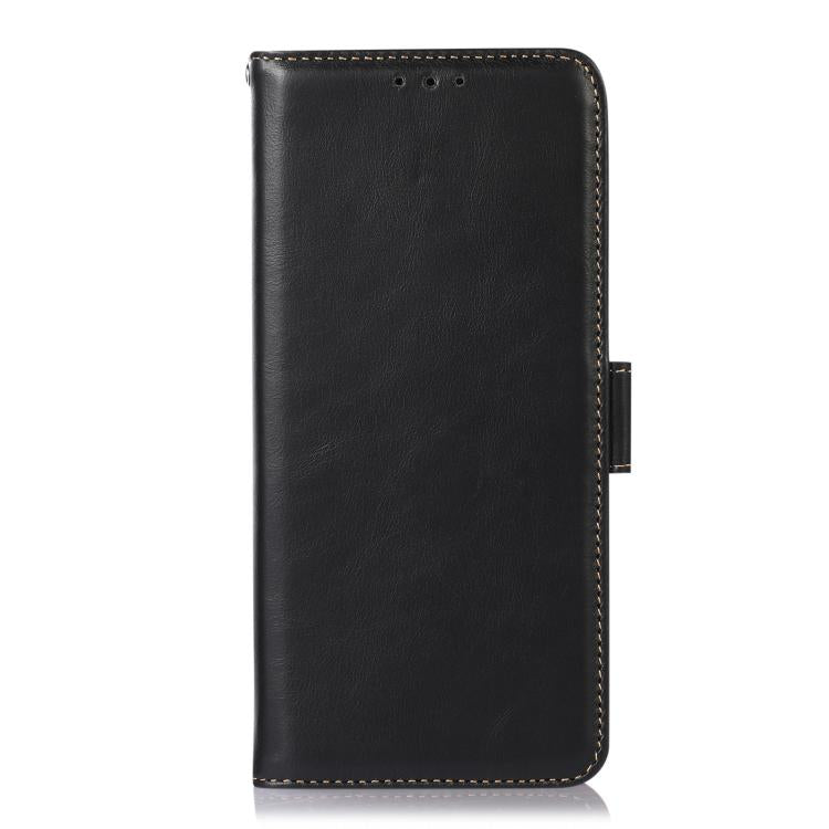 Black leather folio phone case with perforation holes and stitched trim