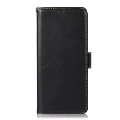 Black leather folio phone case with perforation holes and stitched trim