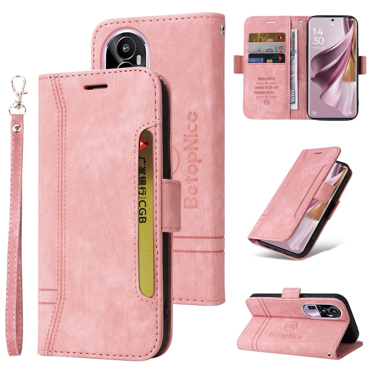 Pink leather phone case with magnetic flap, card slots, and wrist strap.
