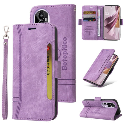 Purple leather phone case with magnetic flap, card slots, and wrist strap.