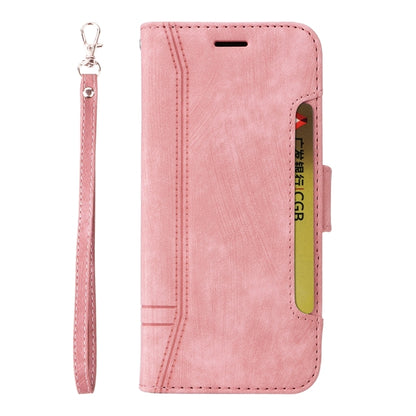 Pink leather wallet-style phone case with stitched edge and side card slot