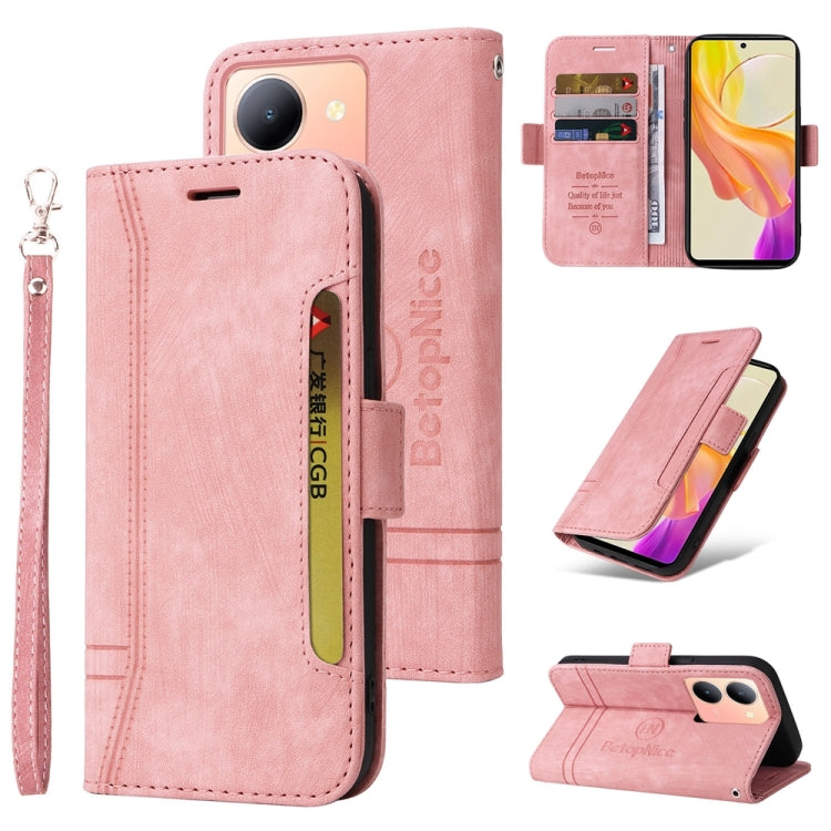 Pink leather wallet phone case with dual-side buckle, card slots, and wrist strap.