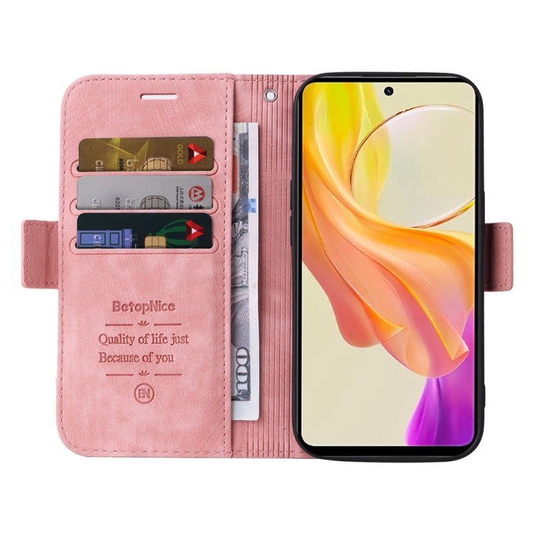 Pink leather wallet phone case showing card slots and flip cover over phone screen.