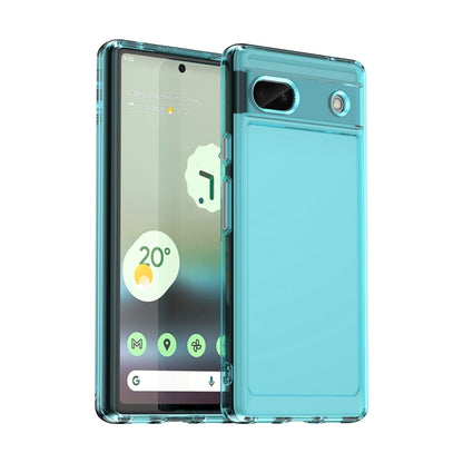 Transparent blue TPU phone case with camera cutout and raised edges, front and back view