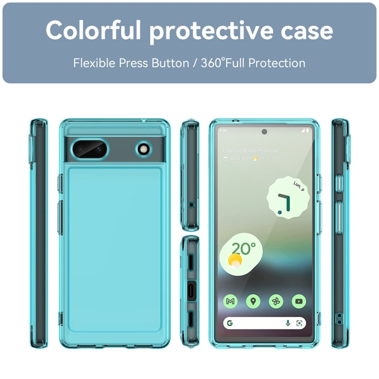 Transparent blue protective TPU phone case with button and port cutouts, multiple angles