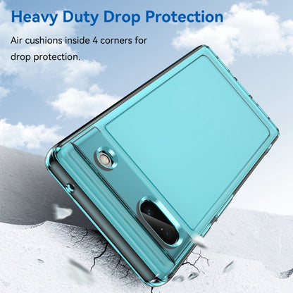 Transparent blue TPU phone case with camera opening and protective bumper, angled view