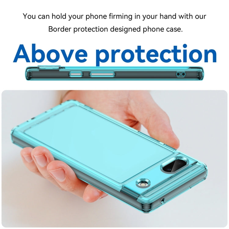 Transparent blue TPU phone case with border protection and side button cutouts, held in hand