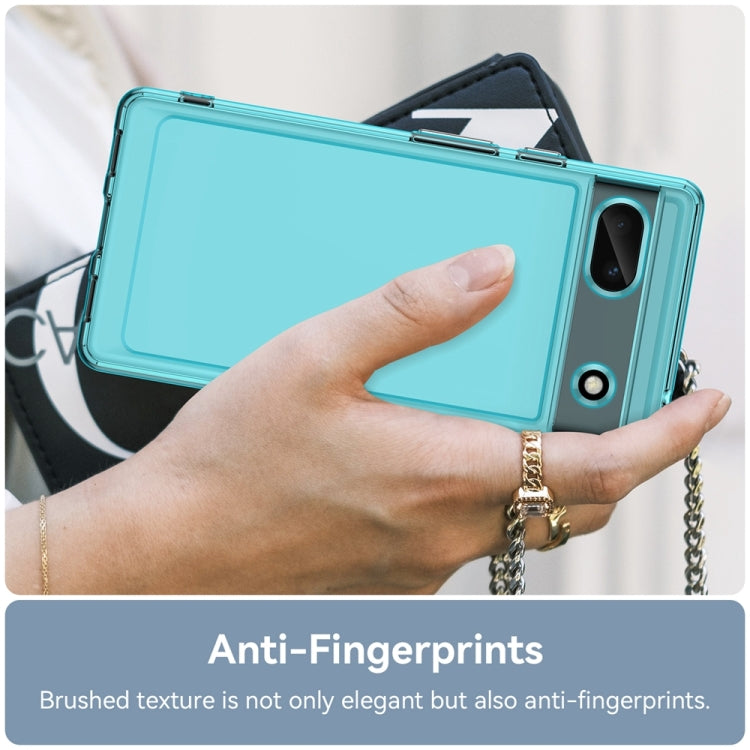 Transparent blue TPU phone case with camera cutout, anti-fingerprint brushed look