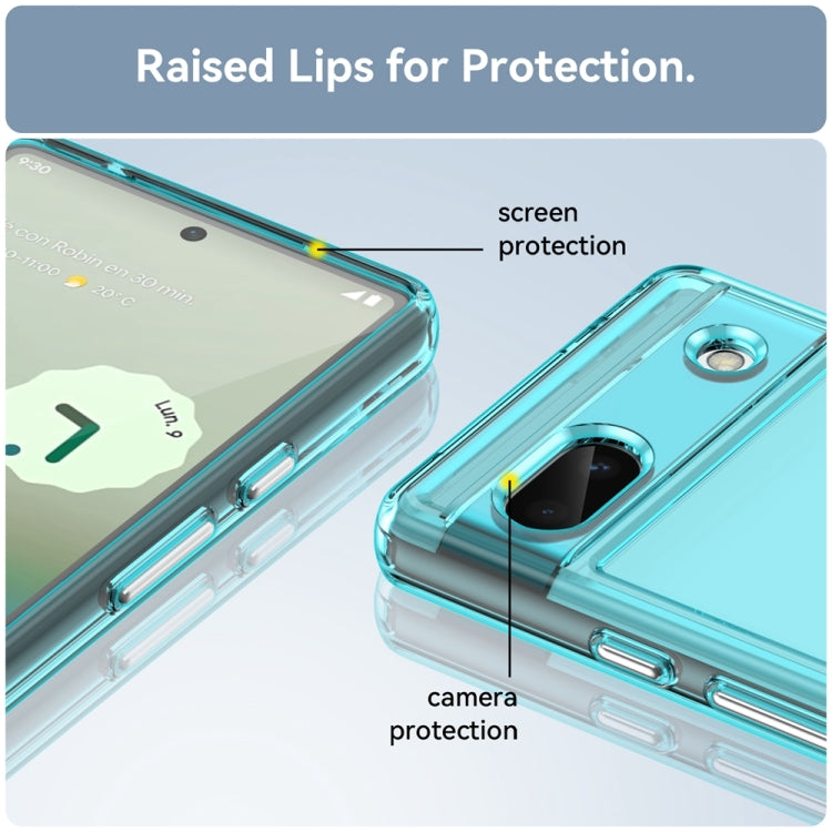 Transparent blue TPU phone case with raised lip for screen protection and camera protection