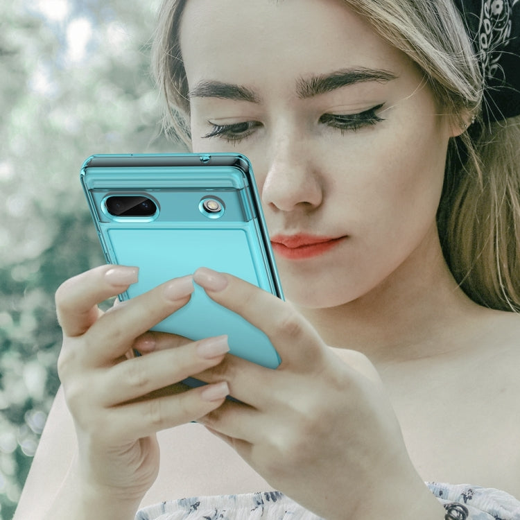 Transparent blue TPU phone case held by a person, with camera cutout and side buttons