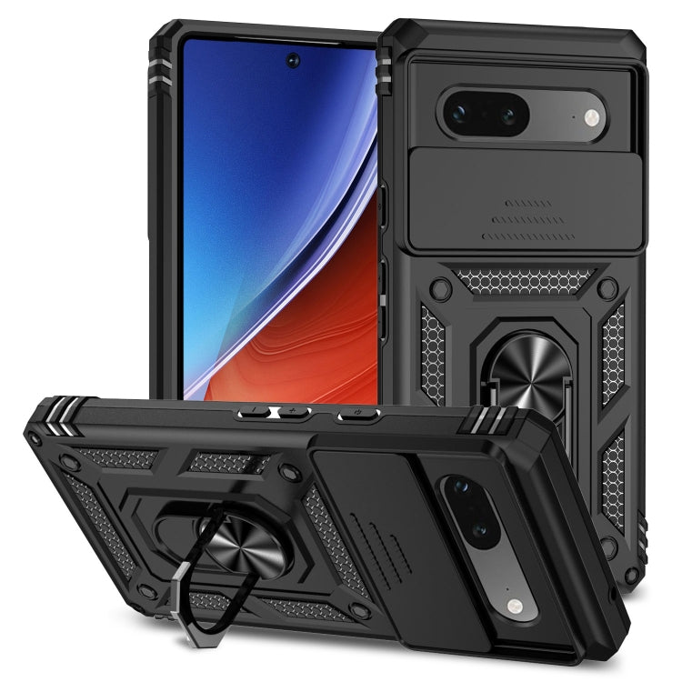 Black rugged phone case with sliding cover, ring stand, and camera protection
