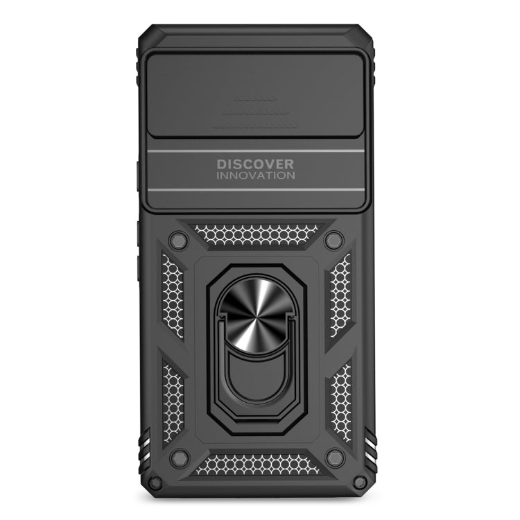 Black rugged phone case back with textured grip and ring stand holder