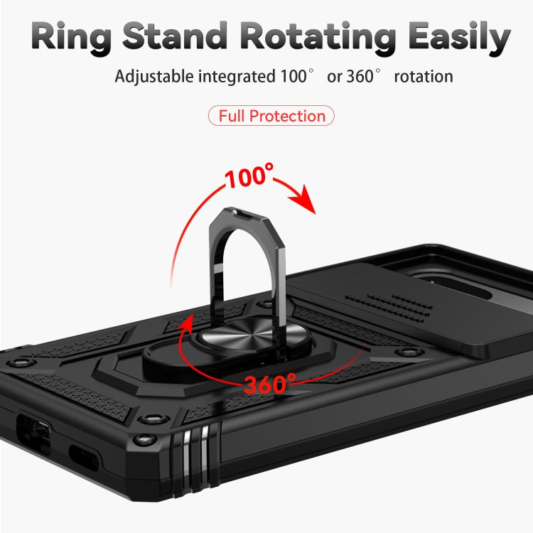 Black phone case with rotating ring stand and reinforced protective edges