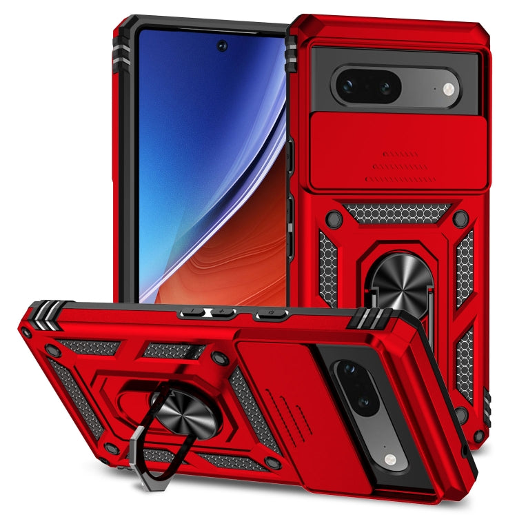 Red rugged phone case with sliding cover, ring stand, and camera protection