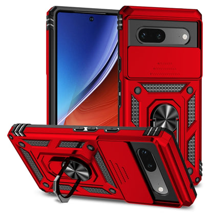 Red rugged phone case with sliding cover, ring stand, and camera protection