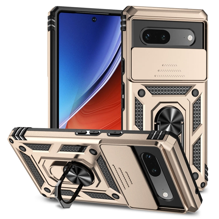 Beige/gold rugged phone case with sliding cover, ring stand, and camera protection