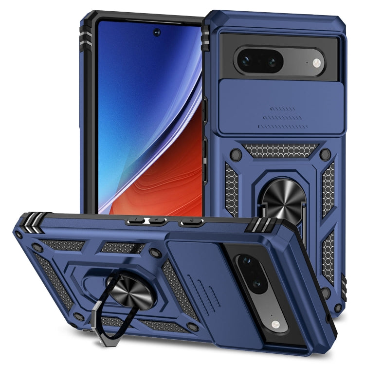 Blue rugged phone case with sliding cover, ring stand, and camera protection