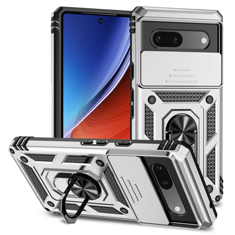 Sliding Camshield holder phone case with kickstand ring, armored, silver