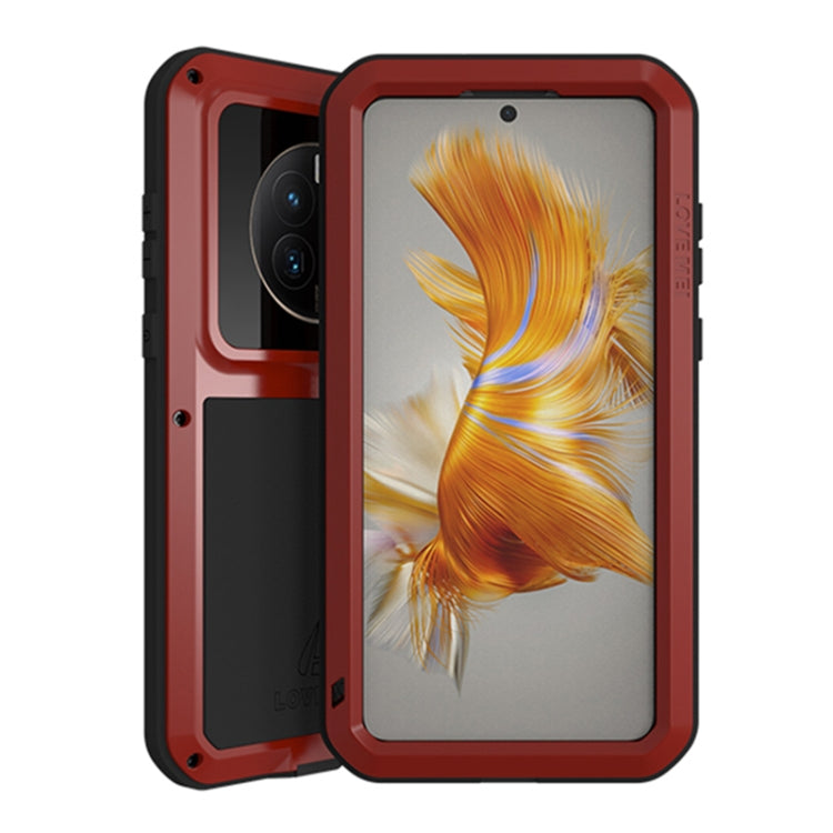 Rugged waterproof phone case with clear front window, red frame and black back