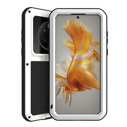 Rugged waterproof phone case with clear front window, silver frame and black back