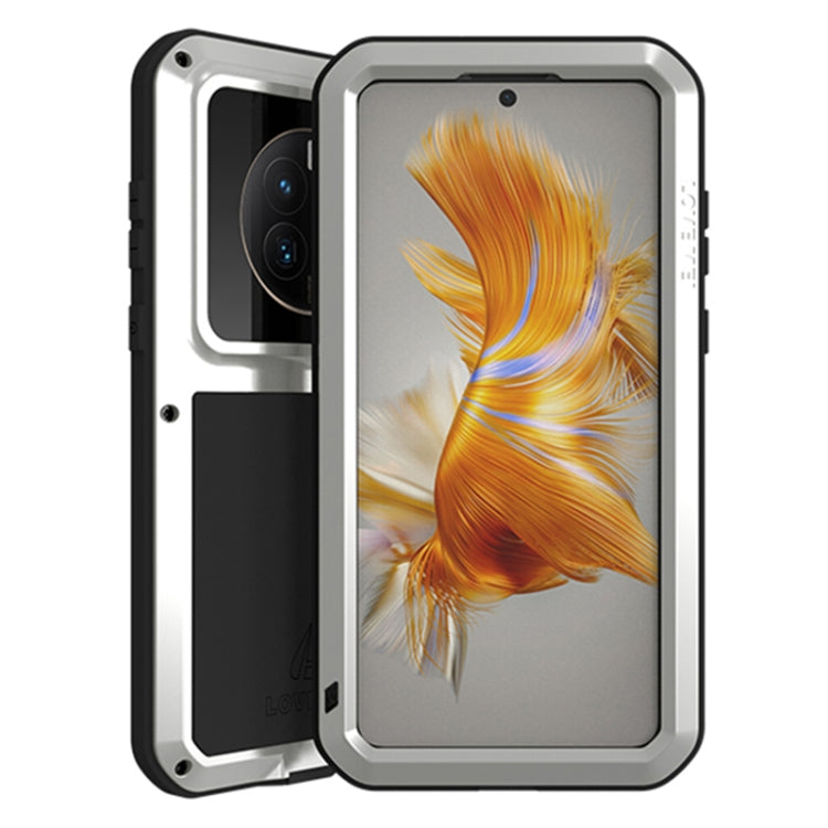 Rugged waterproof phone case with clear front window, silver frame and black backplate
