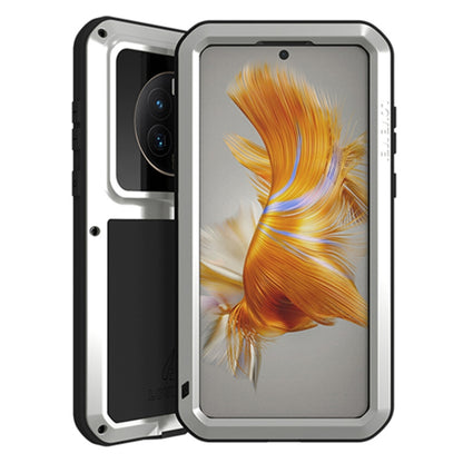 Rugged waterproof phone case with clear front window, silver frame and black backplate