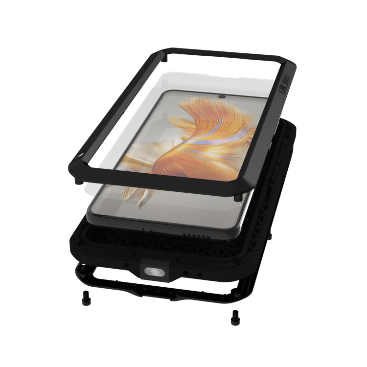 Rugged waterproof phone case with clear front panel and black protective frame