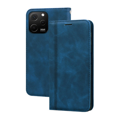 Blue PU magnetic flip phone case with stitched seam and camera cutout