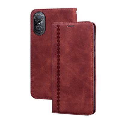Brown PU phone case with horizontal flip cover and camera cutout, front view.