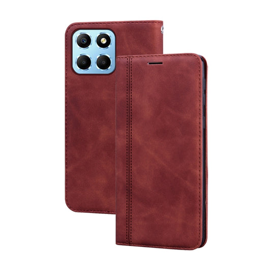 Brown folio flip phone case with camera cutout and stitched front cover.