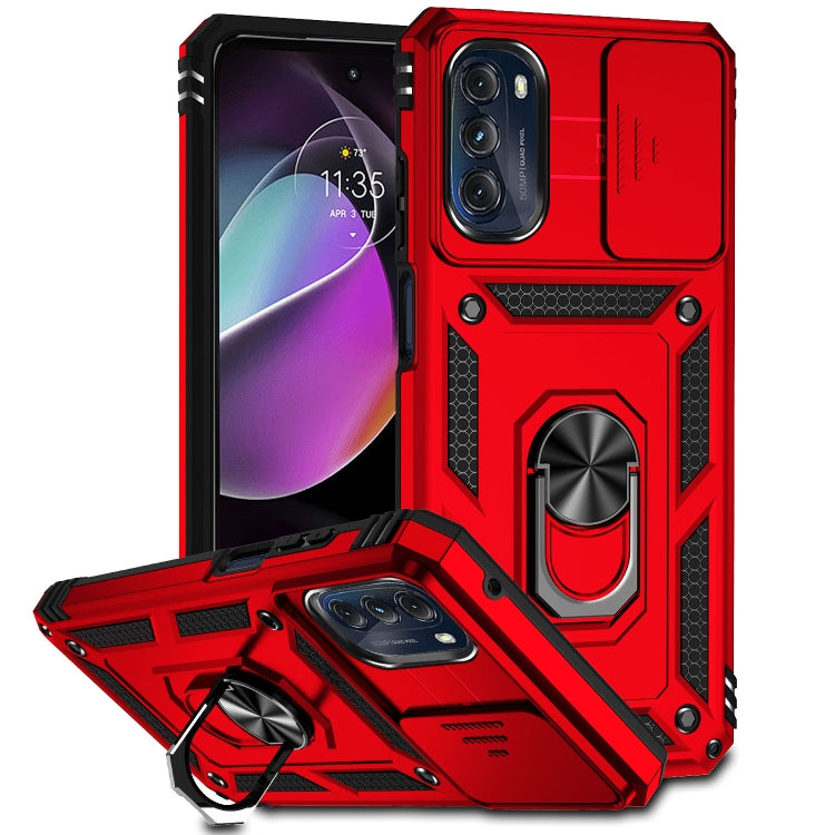 Red rugged phone case with ring kickstand and raised camera protection