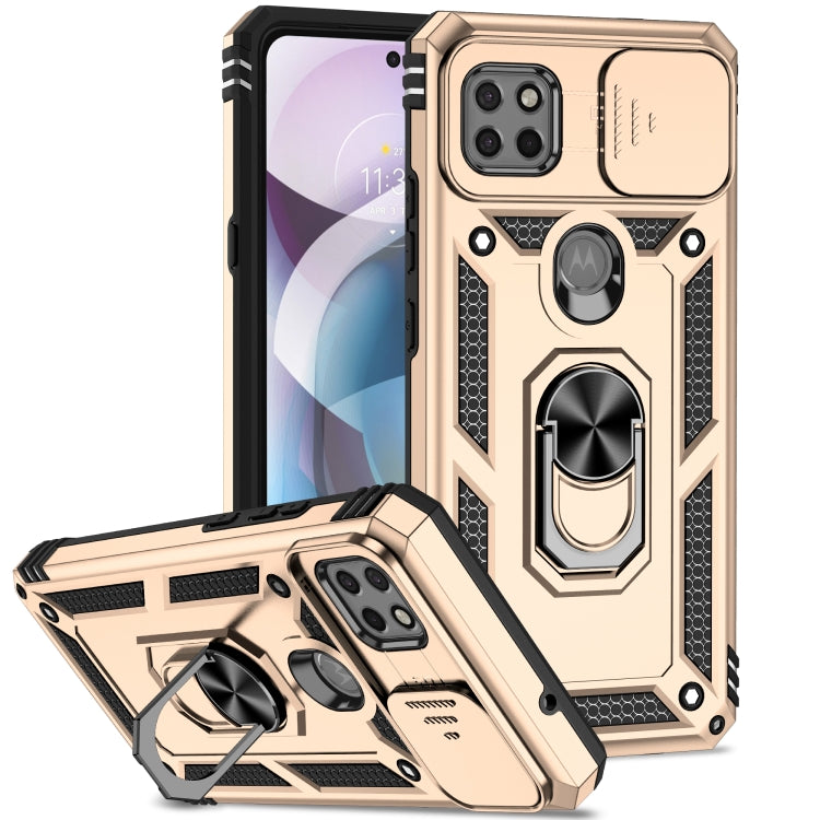 Gold sliding camshield rugged phone case with kickstand and metal ring holder