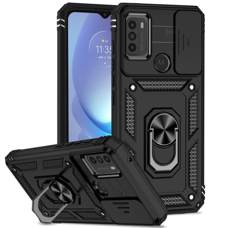 Rugged sliding camera cover phone case with ring kickstand, black