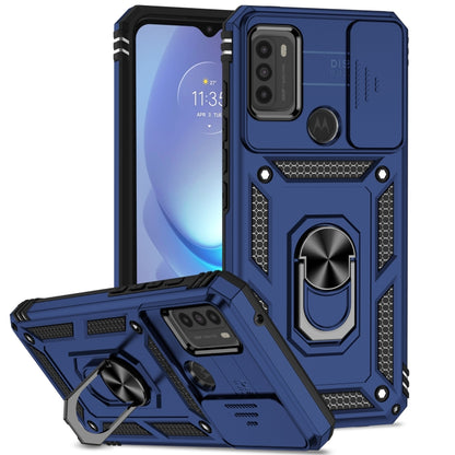 Rugged sliding camera cover phone case with ring kickstand, blue