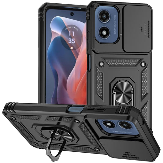 Black rugged phone case with dual-layer protection and built-in ring stand holder