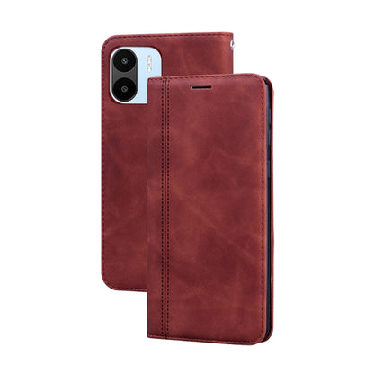 Burgundy PU magnetic flip phone case with horizontal opening and camera cutout