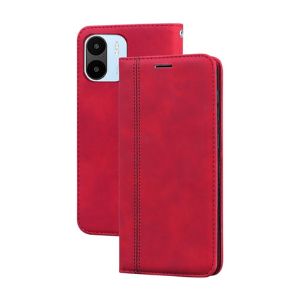 Red PU magnetic flip phone case with horizontal opening and camera cutout