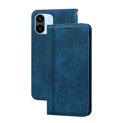 Blue PU magnetic flip phone case with horizontal opening and camera cutout