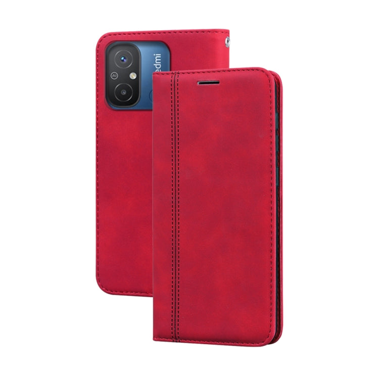Red PU magnetic flip phone case with horizontal opening and camera cutout
