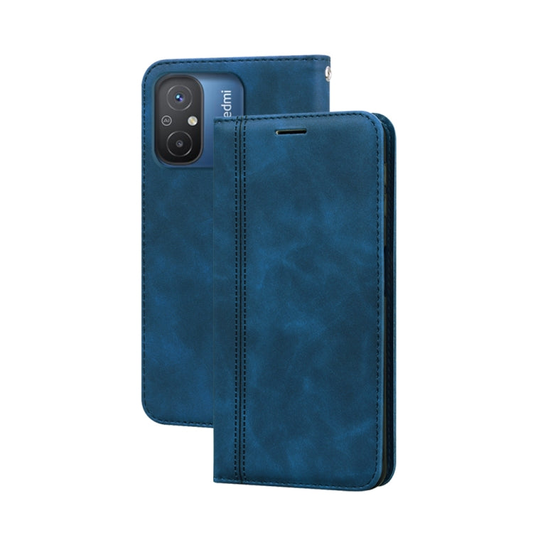 Blue PU magnetic flip phone case with horizontal opening and camera cutout