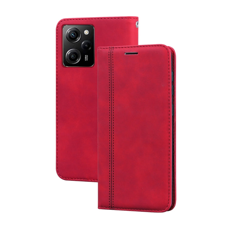 PU magnetic flip phone case, red faux leather with camera cutout and front flap
