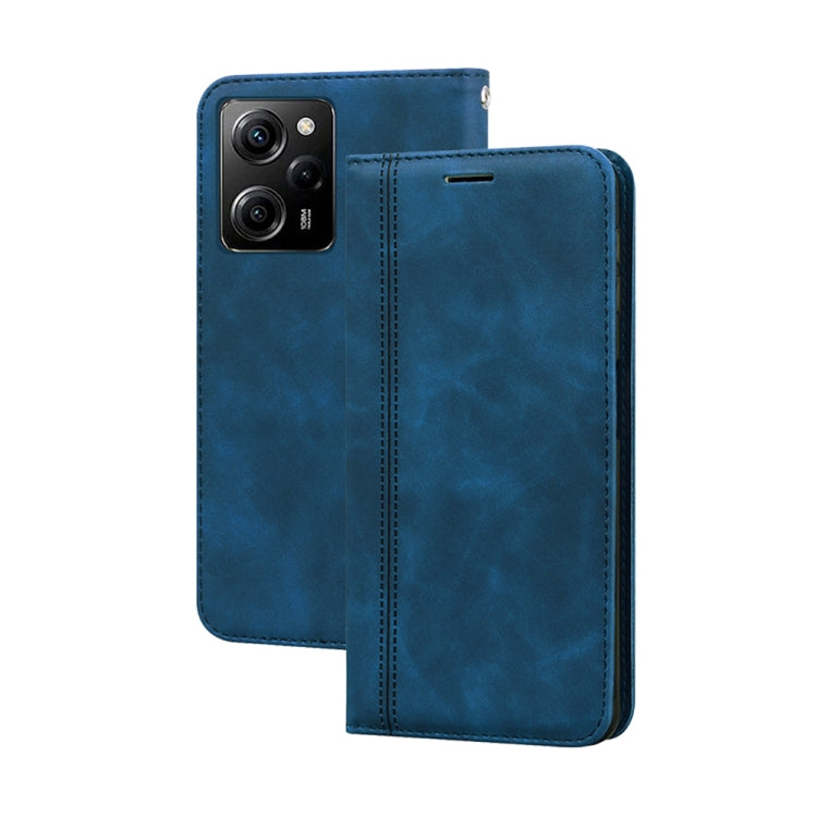PU magnetic flip phone case, blue faux leather with camera cutout and slim flap