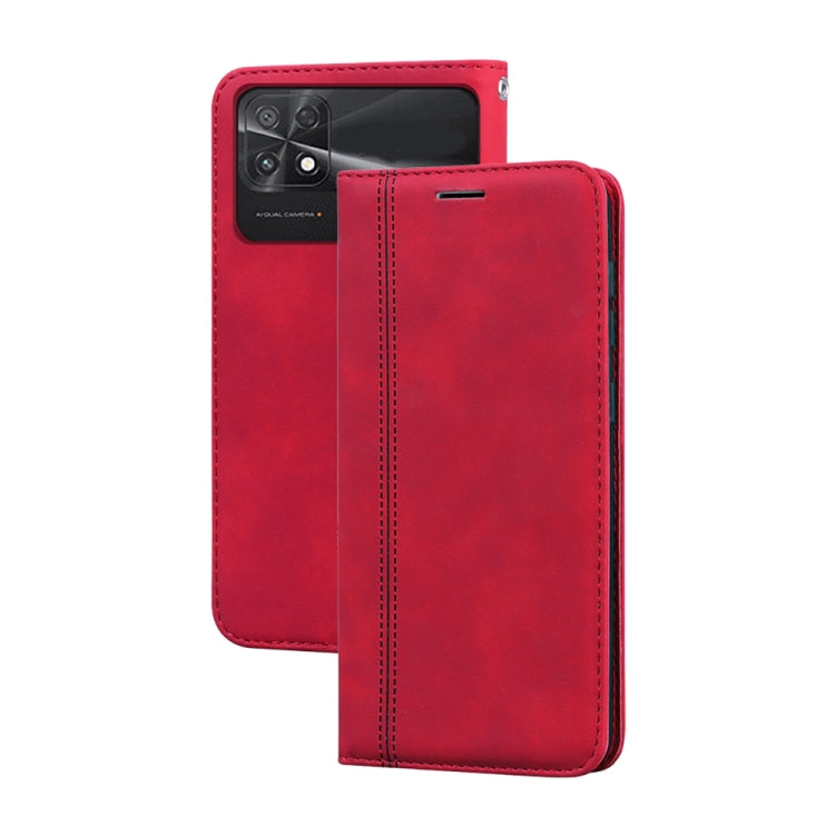 Magnetic flip PU phone case, red, folio cover with camera cutout and magnetic tab